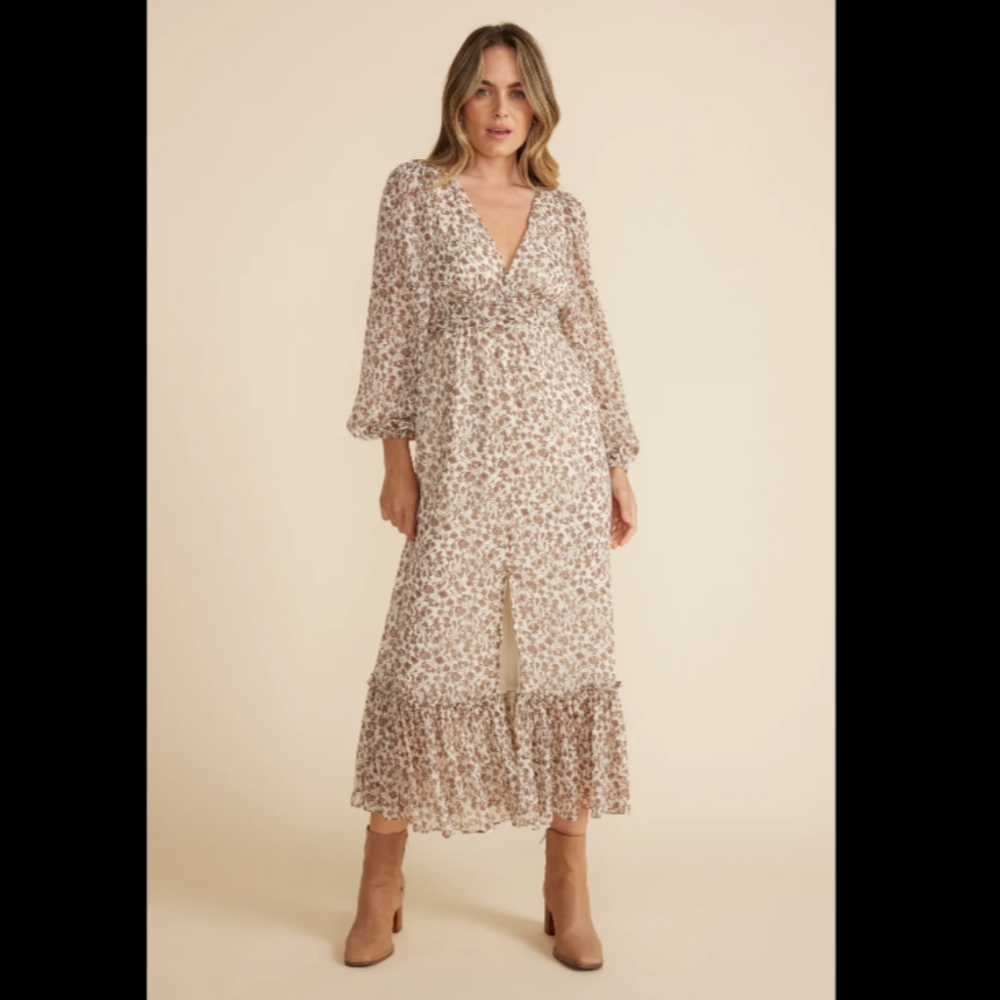 MINKPINK Floral Maxi Dress in Cream and Brown
